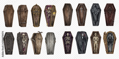 Quadro su tela Collection of various coffins and caskets, some open with skeletons or mummies inside, isolated on a transparent background, depicting Halloween and horror themes