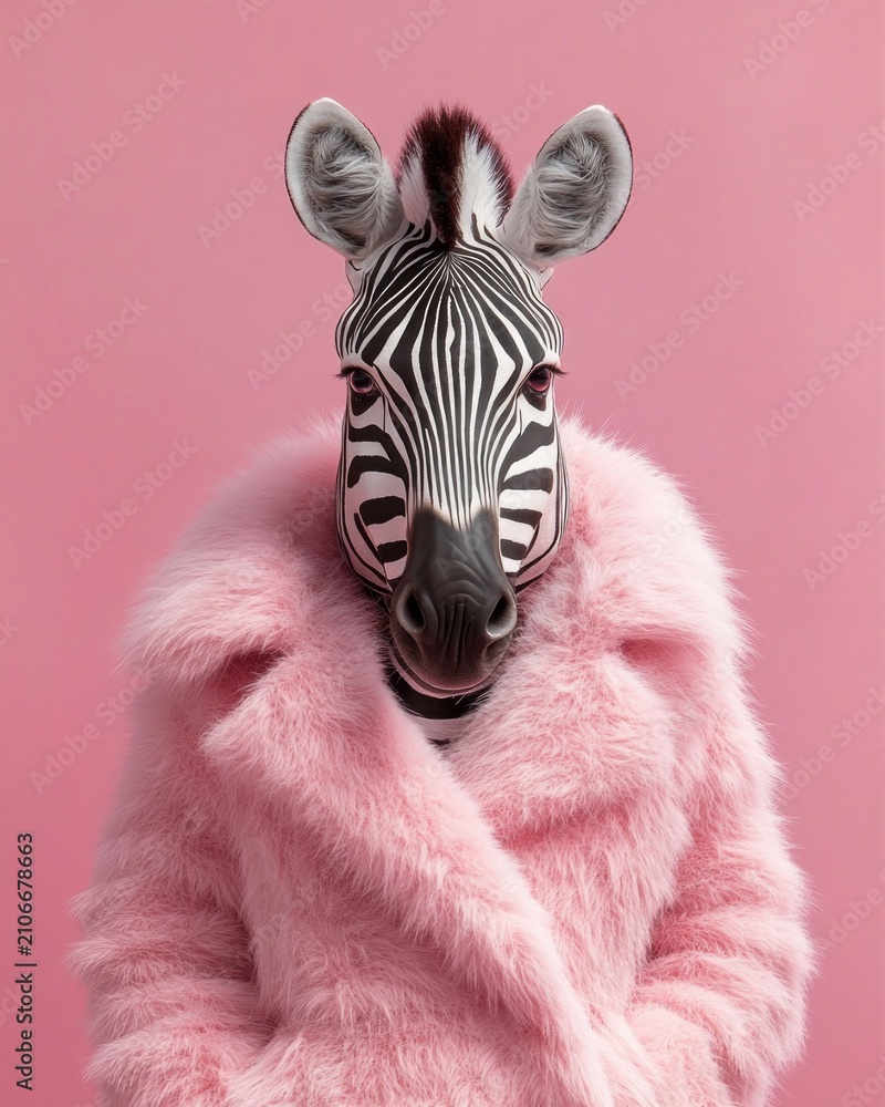 Obraz premium Confident zebra in a pink fluffy coat against a pink background, playful glamorous studio portrait