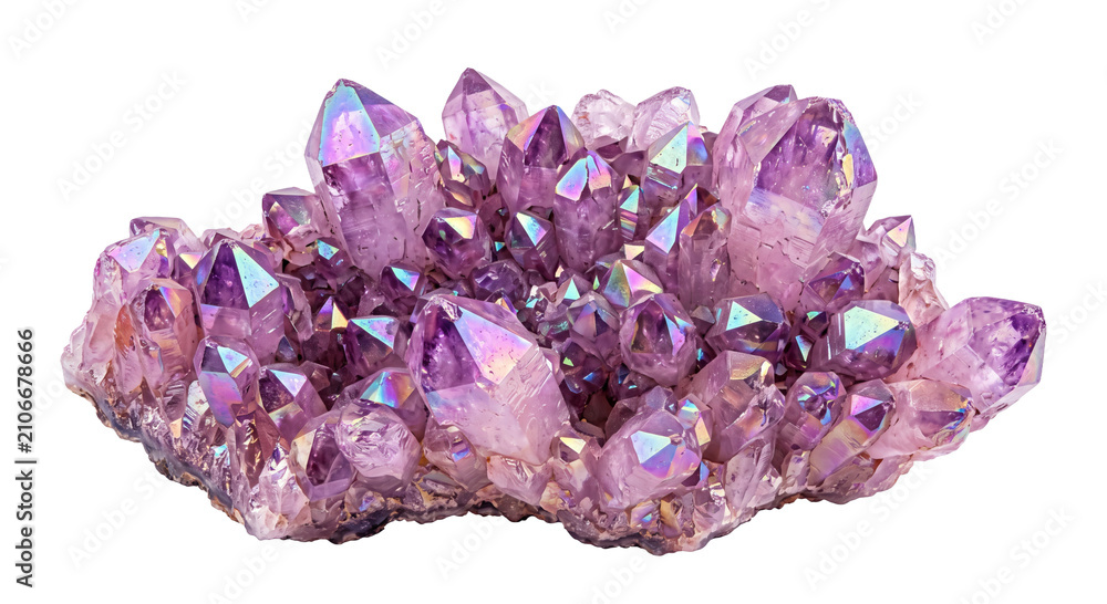 Fototapeta premium Iridescent amethyst geode cluster with sparkling purple and pink crystal formations