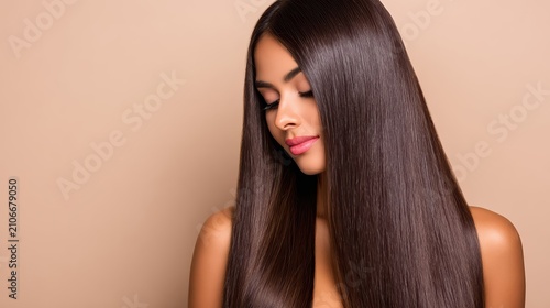 A minimal beauty portrait of a woman with long straight hair against a clean background. Soft lighting and smooth gradients create an elegant commercial aesthetic.