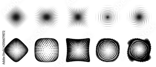 Set of halftone circles. Abstract dotted background. Texture of black dots. Deformed gradient background. Vector illustration.