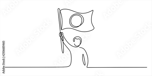 Fotografia A single continuous line drawing of a person holding up a flag with a circle sym