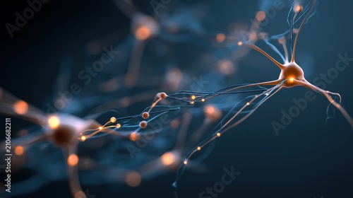 Intricate network of glowing orange neurons interconnected by thin, translucent blue filaments against a dark blue background, suggesting neural pathways or synaptic connections