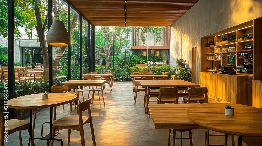 Obraz premium Sunlit minimalist wooden cafe interior with round and rectangular tables, chairs, hanging pendant lights, glass wall opening to lush garden and potted plants creating a warm peaceful atmosphere