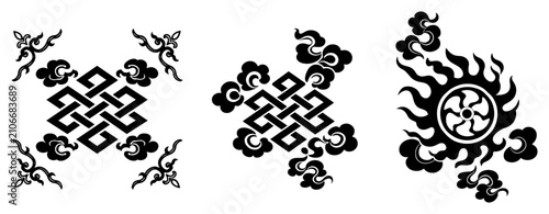 Fotografia Tibetan buddhist symbols set with endless knot and dharma wheel in traditional o