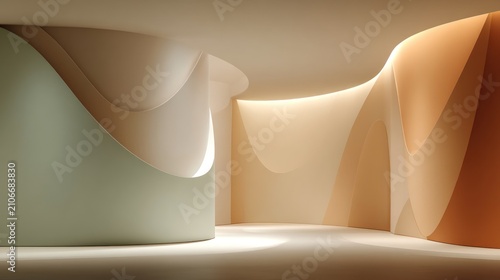 Smooth, curved architectural interior with soft gradients of earth tones and diffused light