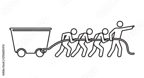 Group of People Working Together Pulling a Heavy Industrial Cart with a Leader Directing the Direction of Movement in a Linear Illustration Style
