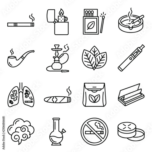 Smoking and Tobacco Products Line Art Icons for Digital Health and Awareness Campaigns