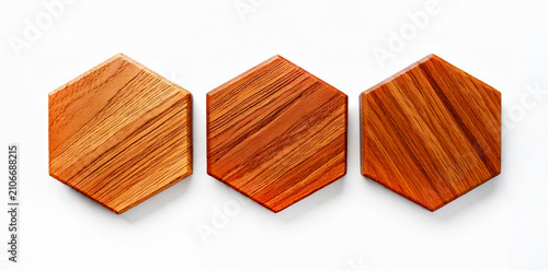 Wooden hexagons on a white background. Geometric figure hexagon decor element. Isolated.