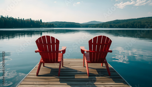 Two red adirondack chairs by a calm lake with forest in background