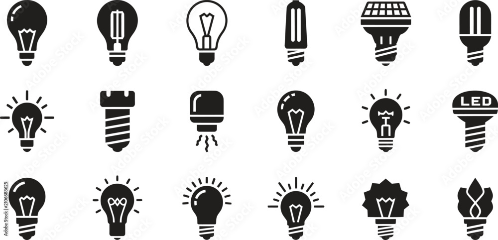 Naklejka premium Assorted light bulb icons in various styles and designs with innovation electricity creativity