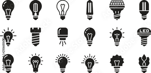 Assorted light bulb icons in various styles and designs with innovation electricity creativity