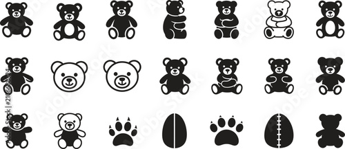 Assorted teddy bears and bear-related icons in a minimalist black and white design with stuffed anim