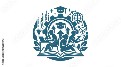 Educational emblem featuring students studying with technology and books.