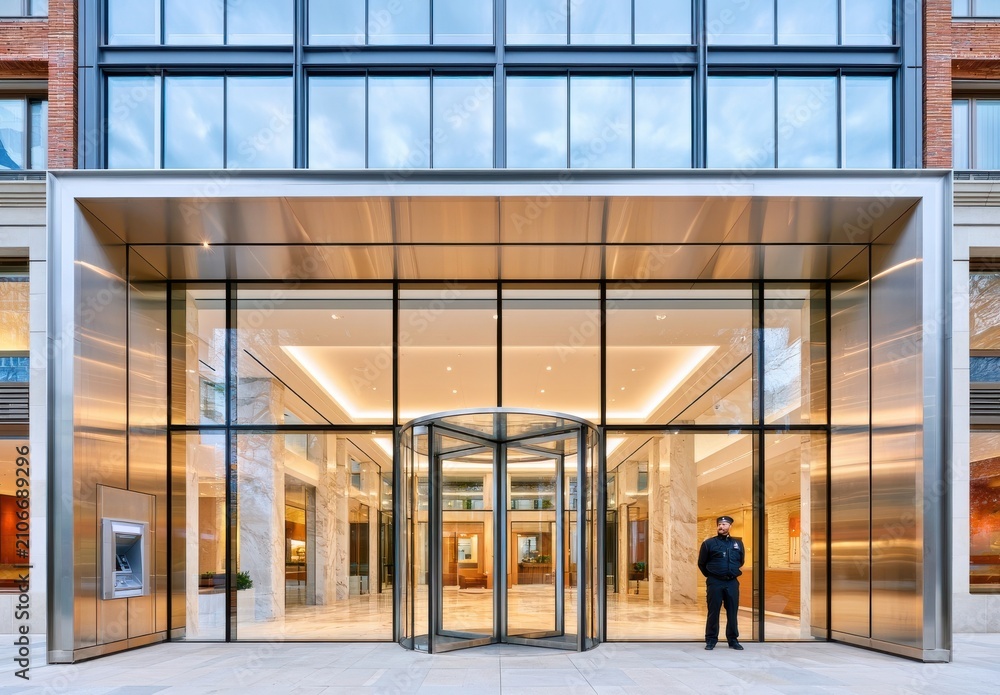 Obraz premium Modern glass facade and revolving door entrance of a corporate building with uniformed security guard
