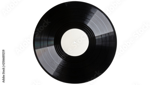 Isolated black retro vinyl record with blank white label for music streaming or listening