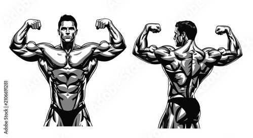 Monochrome graphic illustration of a muscular male bodybuilder flexing his biceps from the front and back views.