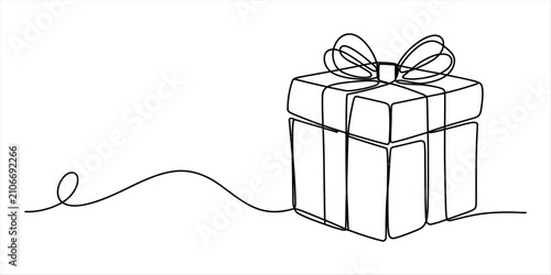 Continuous single line drawing of a gift box with a ribbon bow celebration present for birthday or christmas holiday surprise in a simple minimalist style
