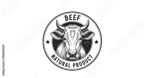Circular vintage style beef logo badge featuring a highly detailed hand drawn cow head with horns on white background.