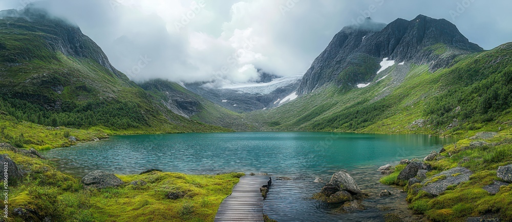 Obraz premium wooden jetty leading to a turquoise alpine lake cradled by misty green mountains and a distant glacier, evoking serene majestic solitude