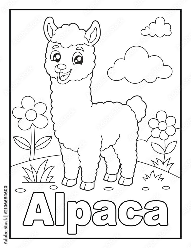 Fototapeta premium Alpaca Flashcard Coloring Page for Kids. Educational Farm Animal Name Worksheet for Children.