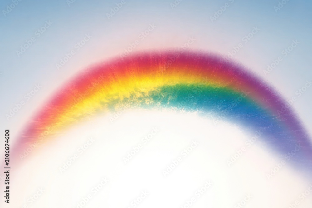Fototapeta premium Soft luminous rainbow arc over a bright white sky with subtle clouds, evoking serenity and hope