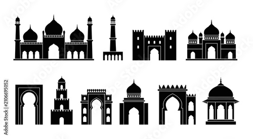 Foto Collection of black silhouette depicting various mosques, minarets, and historic