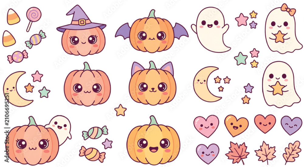 Fototapeta premium Kawaii Pumpkin Collection Set Halloween Cute Vector Characters Isolated on Transparent Background