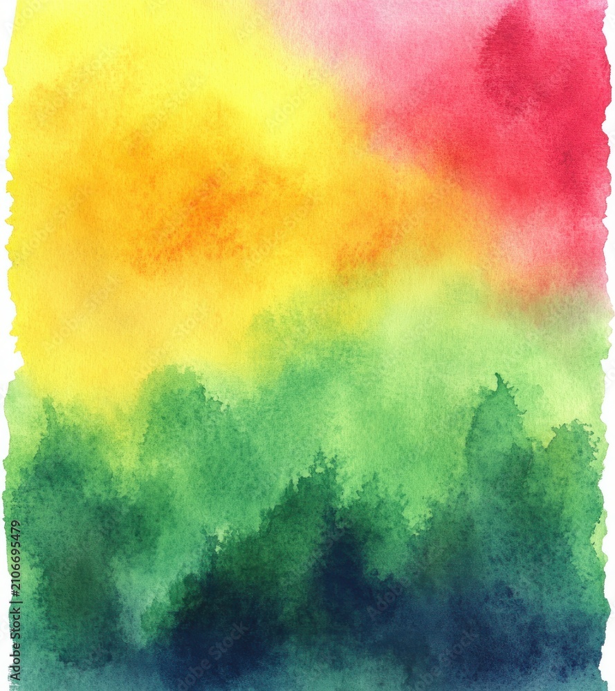 Obraz premium vibrant watercolor wash of golden yellow and pink sky blending into layered green forest silhouettes, calm and uplifting atmosphere