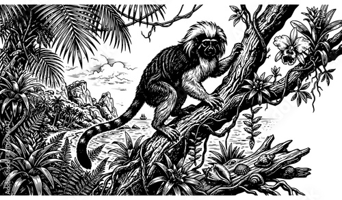 Photography Premium Cotton Top Tamarin Wildlife Portrait with Tropical Coastal Landscape Dar