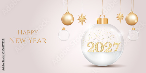 Elegant New Year 2027 banner with glass bauble and glitter number. Festive background with holiday ornament.