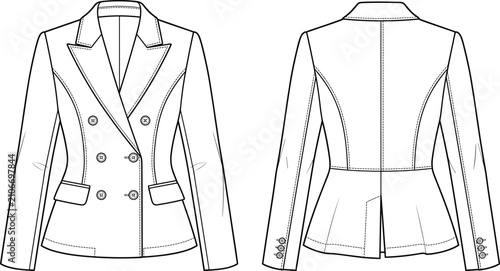 Foto Women's Double Breasted Blazer Technical Fashion Flat Sketch Front and Back View