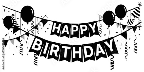 Black and white birthday banner with balloons and confetti illustration