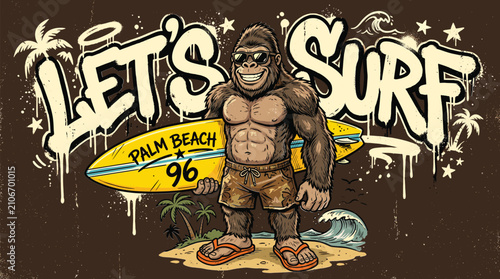 Photos Vintage gorilla surfing vector illustration, retro let's surf character with sur
