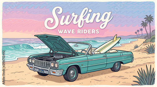 Photography Vintage surfing wave riders illustration, retro convertible car on tropical beac