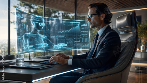 Business Executive Using AI Holographic Assistant in Luxury Office. Concept: Artificial Intelligence, Executive Leadership, Business Intelligence, Digital Transformation, AI Assistant, Corporate Innov
