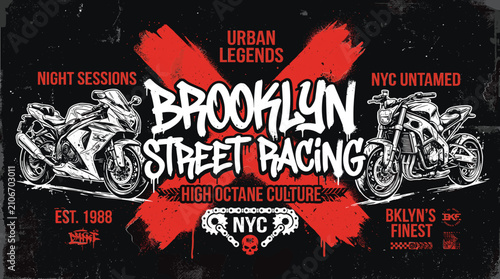 Canvastavla Vintage Brooklyn Street Racing motorcycle vector illustration, urban legends hig