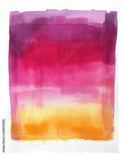 vertical abstract watercolor wash of layered purple, magenta, red, pink and golden orange hues with soft blends and dripping edges evoking a warm tranquil sunset