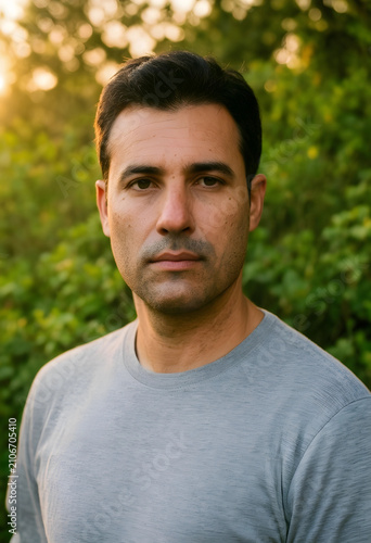 Serious adult man with dark hair and stubble wearing a gray t-shirt outdoors at sunset with green foliage background, the background features green foliage and the warm glow of sunset