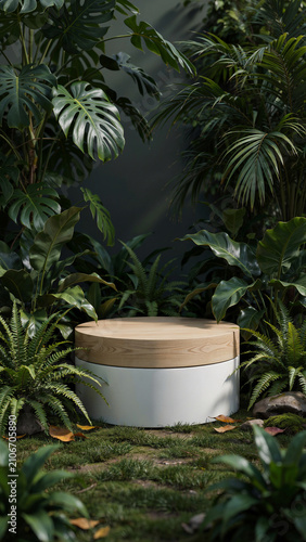 Minimalist circular product display podium with cork top in a lush tropical garden setting platform tropical minimalist showcase botanical greenery presentation marketing