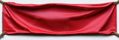 red satin banner draped and stretched horizontally, secured at four corners with golden ropes and metal rings, glossy folds and smooth texture conveying elegant festive anticipation