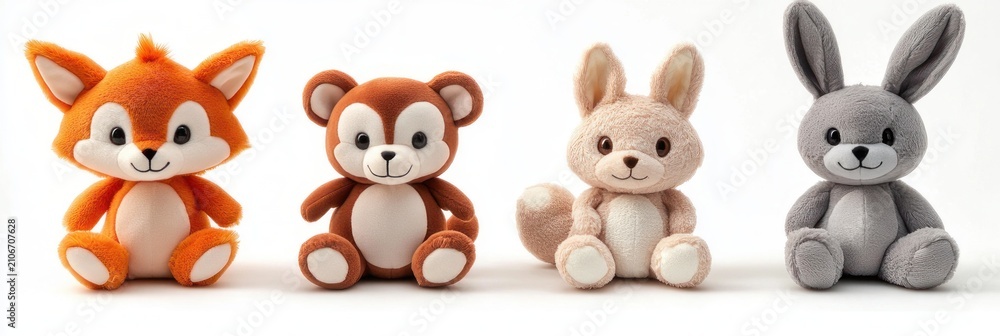 Obraz premium Four plush stuffed animals lined up on a white background: an orange fox, a brown bear, a beige squirrel, and a gray rabbit sitting and smiling, soft cuddly cheerful toys evoking playfulness