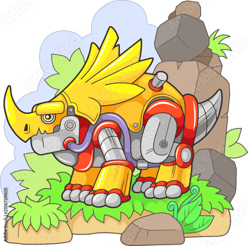 cute robot dinosaur styracosaurus, funny illustration