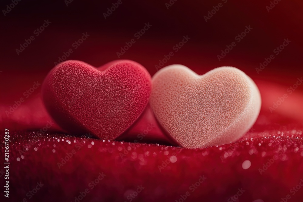 Obraz premium two heart-shaped textured foam pieces, one red and one pale pink, resting on glittering red fabric with soft bokeh lighting, evoking romance and tenderness