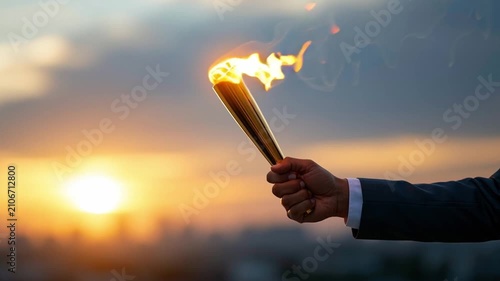 Determined Unrecognizable Person Holding Burning Torch With Flame In Hand, Stood Outdoors Against Beautiful Sunset. Representing Success And Achievement In Inspirational Moment.