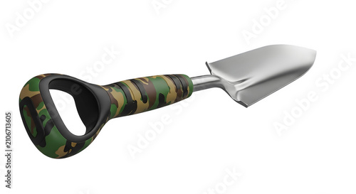 Garden hand trowel with camouflage handle isolated on white background