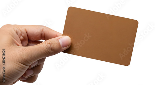 Hand holding blank brown business card isolated on white background
