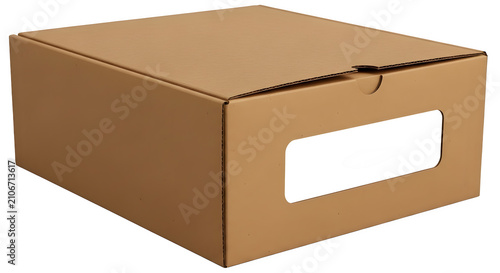 Brown cardboard box with clear display window isolated on white background
