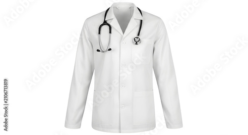 White medical lab coat with stethoscope isolated on white background