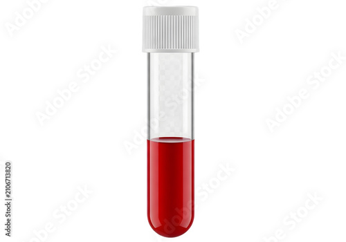 Medical glass test tube with red fluid isolated on white background